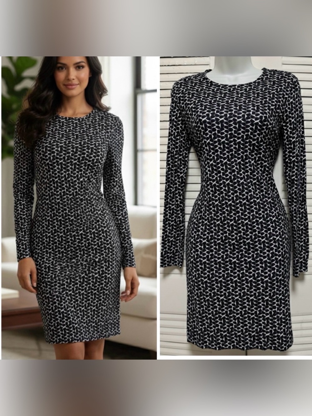 Tory Burch Long-Seeve Sheath Pattern‎ Dress Navy White Medium